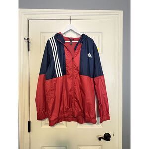 Adidas Mens Windbreaker Jacket Blue Red Color Block Waist Length Pockets XL #207
